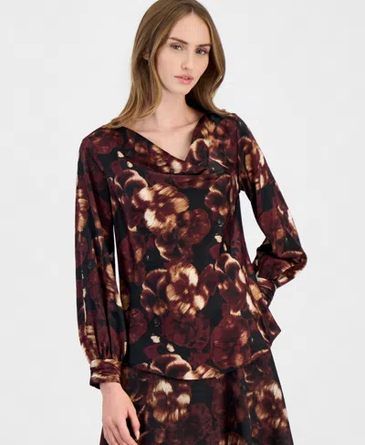 Anne Klein Petite Drape Neck Floral-print Long-sleeve Blouse In Multi
