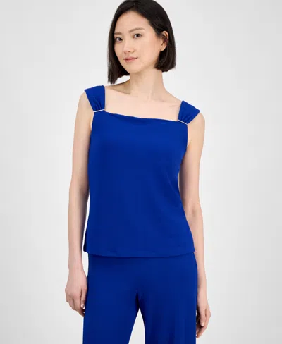 Anne Klein Petite Draped-neck Shirred-strap Top In Santorini Blue