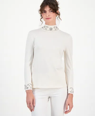 Anne Klein Petite Embellished Mock-neck Sweater In White
