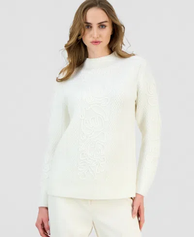 Anne Klein Petite Embroidered-tape Mock-neck Sweater In White