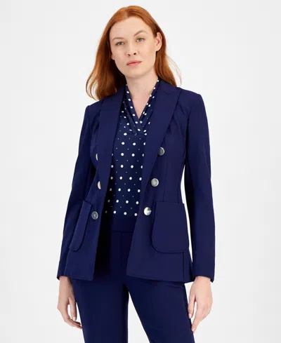 Anne Klein Petite Faux Double-breasted Peak-lapel Jacket In Blue