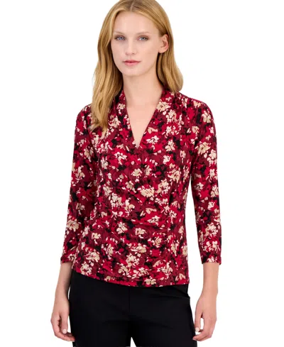 Anne Klein Petite Faux-wrap Floral-print 3/4-sleeve Blouse In Red