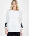 Anne Klein Petite Floral Bell-sleeve Boat-neck Tunic In White Dove