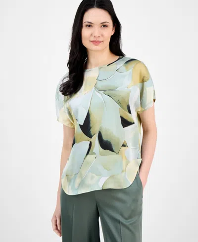 Anne Klein Petite Floral-print Curved-hem Bateau-neck Blouse In Soft Aloe Multi