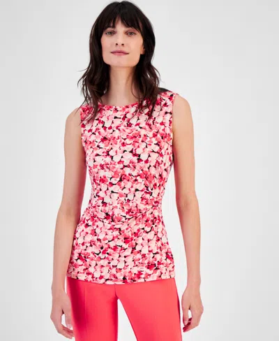 Anne Klein Petite Floral-print Pleated-waist Sleeveless Top In Red Pear