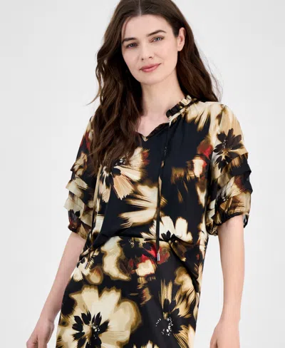 Anne Klein Petite Floral-print Ruched-sleeve Top In Black