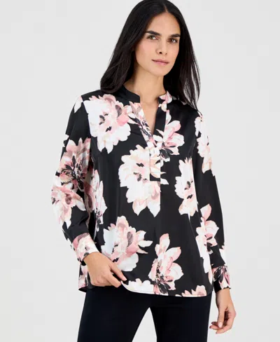 Anne Klein Petite Floral Satin Popover Blouse In Multi