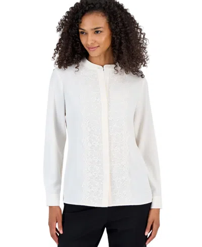 Anne Klein Petite Flutter Long-sleeve Collared Lace Placket Blouse In White