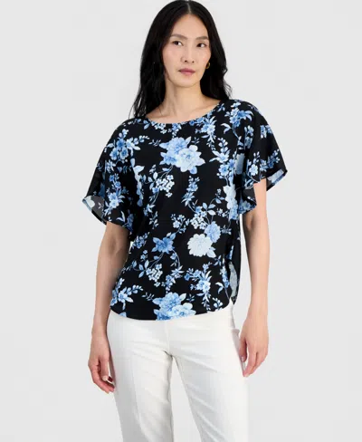 Anne Klein Petite Flutter-sleeve Bateau Neck Blouse In Multi