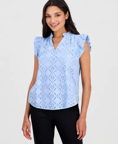 Anne Klein Petite Flutter-sleeve V-neck Blouse In Blue