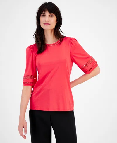 Anne Klein Petite Harmony Open-trim Elbow-sleeve Top In Red Pear