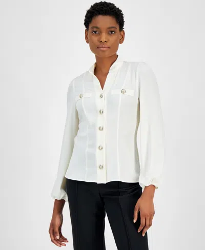 Anne Klein Petite High-neck Blouson-sleeve Blouse In White Dove