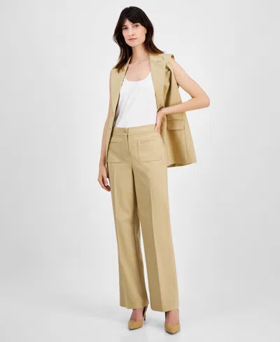 Anne Klein Petite High-rise Patch-pocket Flare-leg Pants In Coffee Cream