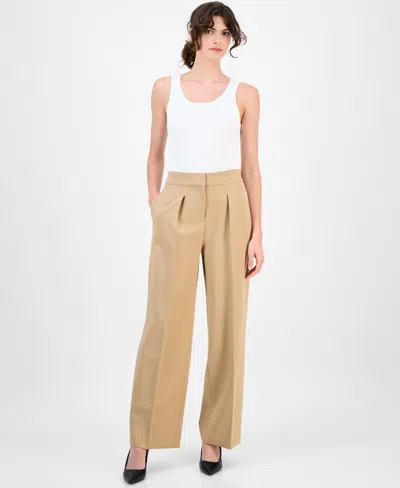 Anne Klein Petite High Rise Pleated Pants In Brown