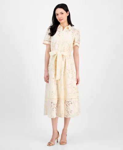 Anne Klein Petite Lace Button-down Tie-waist Midi Tea Dress In Light Dune