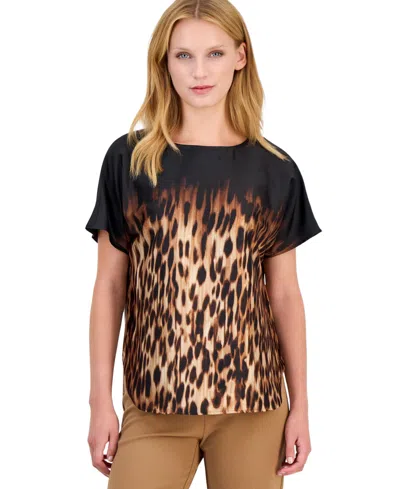 Anne Klein Petite Leopard-print Bateau Neck Short-sleeve Blouse In Multi