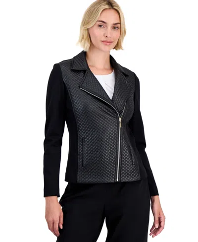 Anne Klein Petite Long-sleeve Combo Motorcycle Jacket In Black