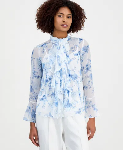 Anne Klein Petite Long-sleeve Mandarin Collar Top In Multi