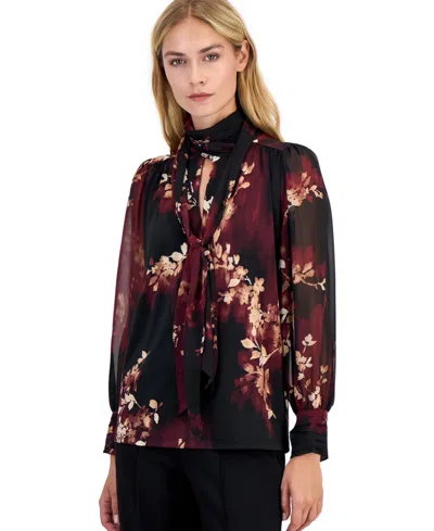 Anne Klein Petite Long-sleeve Mixed-media V-neck Blouse In Black