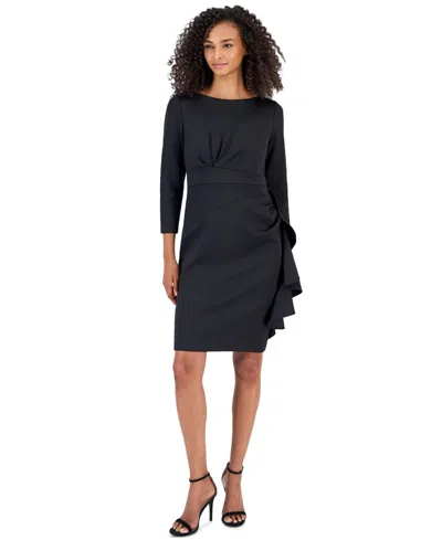 Anne Klein Petite L/s Side Ruffle Sheath Boat Neck Dress In Black