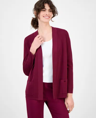 Anne Klein Petite Malibu Patch-pocket Cardigan In Burgundy