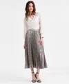 Anne Klein Petite Metallic Pleated Pull-on Midi Skirt In Metallic