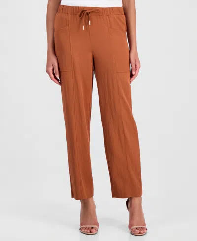 Anne Klein Petite Mid-rise Straight-leg Ankle Pants In Brown
