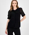 Anne Klein Petite Mixed-media Elbow-sleeve Hidden-placket Top In Multi