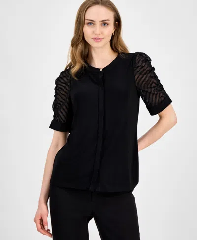 Anne Klein Petite Mixed-media Elbow-sleeve Hidden-placket Top In Multi