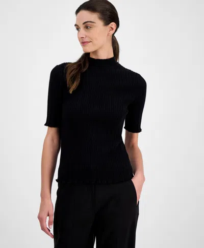 Anne Klein Petite Mock-neck Short-sleeve Sweater In Black