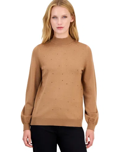 Anne Klein Petite Mock-neck Puff-sleeve Sweater In Brown