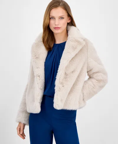 Anne Klein Petite Notch-collar Crop Faux-fur Jacket In Neutral