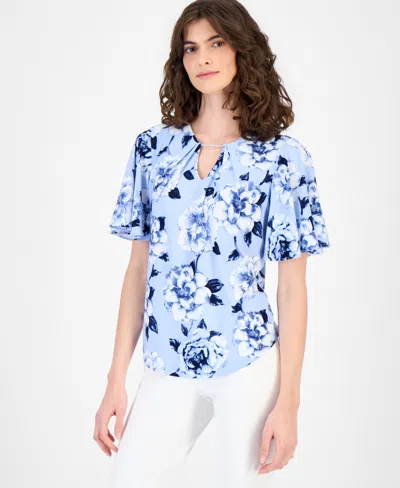 Anne Klein Petite Pleated Split Neck Blouse In Multi