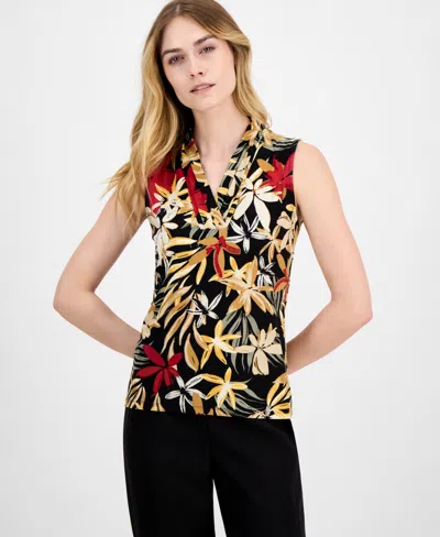 Anne Klein Petite Pleated V-neck Top In Multi