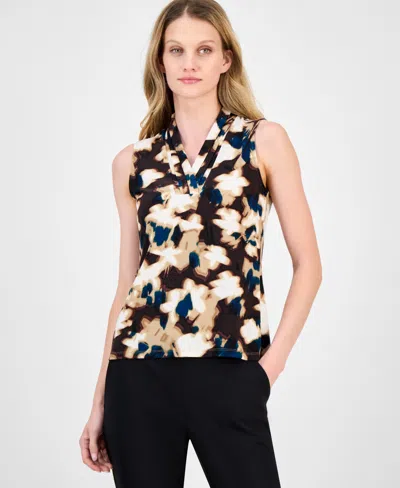 Anne Klein Petite Pleated V-neck Top In Black
