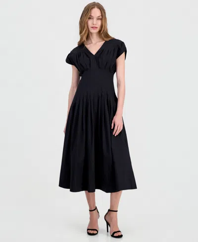 Anne Klein Petite Pleated V-neck Dress In Brown