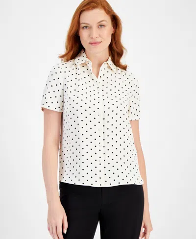 Anne Klein Petite Polka Dot Short-sleeve Top In White