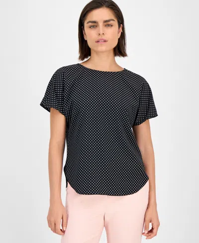Anne Klein Petite Printed Boat-neck Top In Black