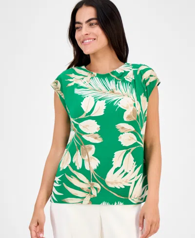 Anne Klein Petite Printed Extended-shoulder Asymmetric Top In Green
