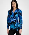 Anne Klein Petite Printed Faux-wrap Blouse In Anne Black Multi