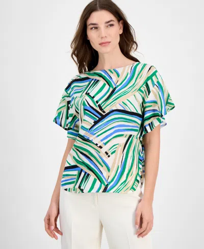 ANNE KLEIN PETITE PRINTED FLUTTER-SLEEVE TOP