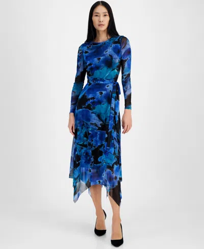 Anne Klein Petite Printed Handkerchief-hem Midi Dress In Anne Black Multi