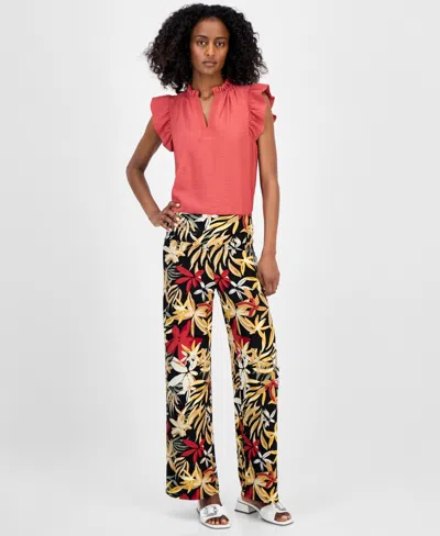 Anne Klein Petite Printed High-rise Pull-on Pants In Multi