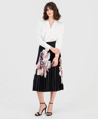 Anne Klein Petite Printed Pleated Satin Skirt In Multi