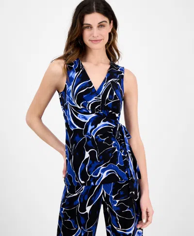 Anne Klein Petite Printed Sleeveless Wrap Top In Blue
