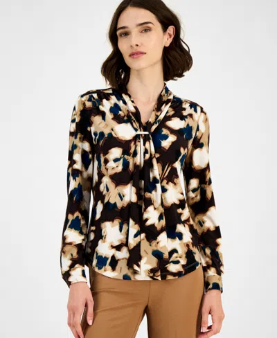 Anne Klein Petite Printed Tie-neck Long-sleeve Blouse In Black