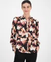 Anne Klein Petite Printed V-neck Long-sleeve Blouse In Multi