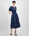 Anne Klein Petite Puff-sleeve Tiered Denim Midi Dress In Blue