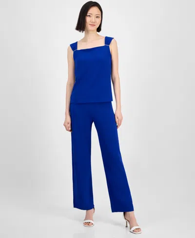 Anne Klein Petite Pull-on High-rise Wide-leg Pants In Santorini Blue