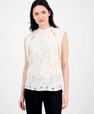 Anne Klein Petite Ruffled-neck Cap-sleeve Lace Blouse In White Dove